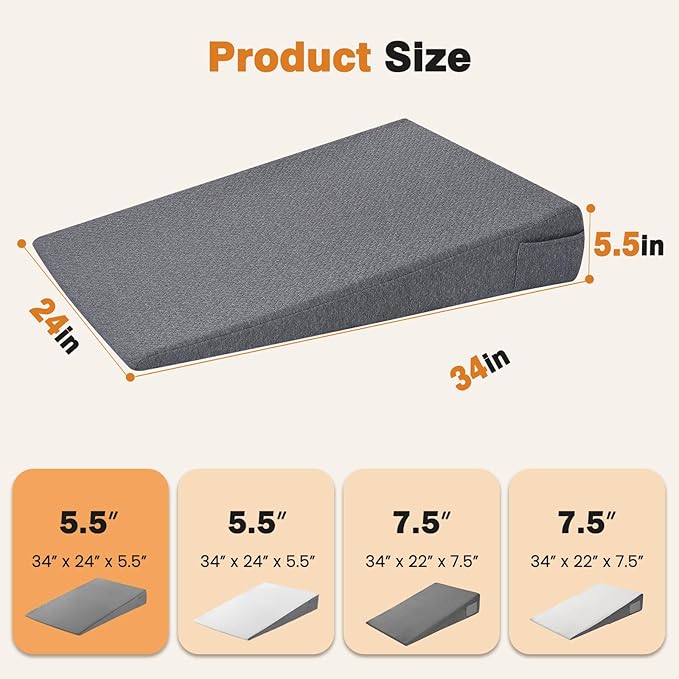 Vekkia 34" Extra-Long Wedge Pillow, Back & Arm Support, Bed Wedge Pillow for Sleeping After Surgery, Acid Reflux, Snoring Relief, Removable Washable Cover & Double Side Pockets, 5.5" Height, Gray