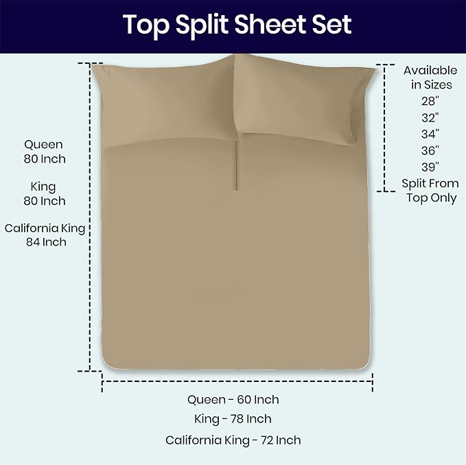 SGI bedding 32" King Split Top Flex Head Sheet 100% Egyptian Cotton Sheet Set 1000 Thread Count Flex Top Sheet for Adjustable Bed 4Pc Sheet Set 15" Deep Pocket for Sleep Number Bed- Beige