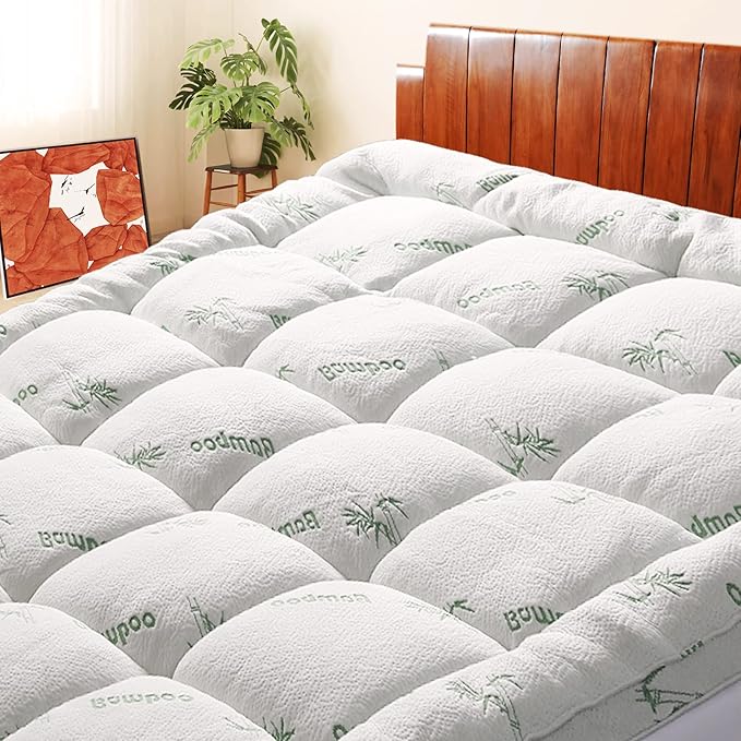 Mattress Topper Full Size, Cooling Extra Thick Breathable Viscose Made from Bamboo Mattress pad, Soft Quilted Fitted Mattress Cover with 1000 GSM Down Alternative Fill (8-21”Deep Pocket)