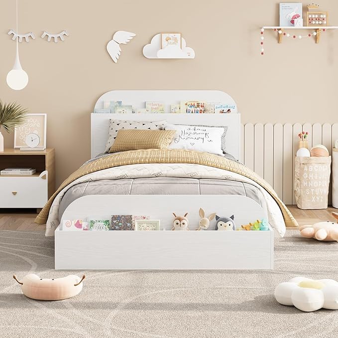 Garvee Twin Bed Frame with Headboard & Footboard – Low Platform Kids Bed, Wooden Twin-Floor Design, Noise-Free, No Box Spring Needed, White