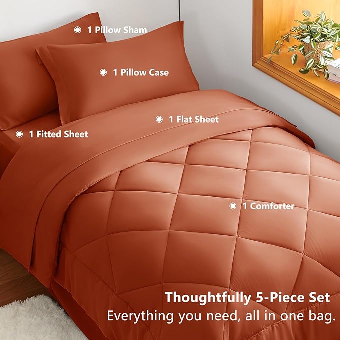 CozyLux Twin XL Comforter Set Burnt Orange - 5 Pieces Twin Extra Long Bed in a Bag for College Dorm, All Season Bedding Set for Girls and Boys, Soft Bed Set with Comforter, Sheets, Pillowcase & Sham