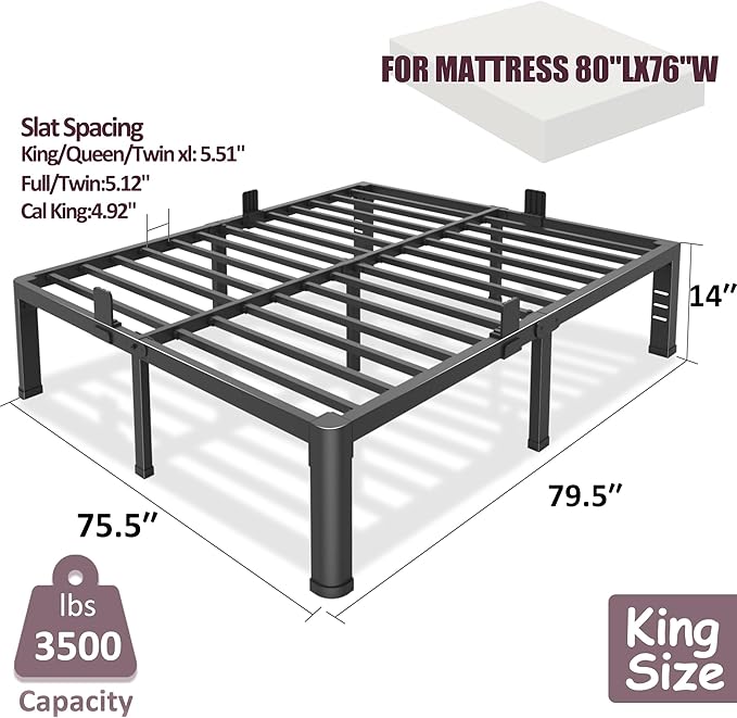 Bilily 14 inch King Bed Frame Metal Platform with Round Corner Legs,3500 LBS Heavy Duty Steel Slats Support,Headboard Compatible,No Box Spring Needed,Easy Assembly,Mattress Retainer,Underbed Storage