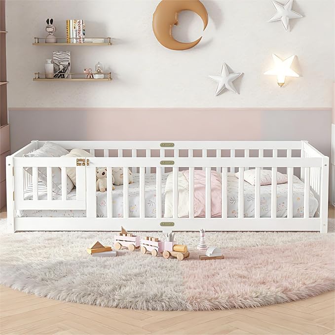 Bellemave Montessori Twin Floor Bed Frame with Fence and Removable Door, Low Profile Twin Size Montessori Bed Frame for Kids, Solid Wooden Floor Beds with Slats for Bedroom,Nursery, White