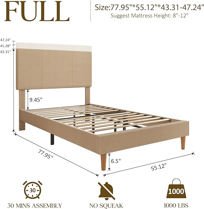 Full Size Bed Frame, Upholstered Platform Bed with Adjustable Headboard, Vertical Fluted Tufted, Soft Corduroy Fabric, Wooden Slats Support, No Box Spring Needed, Easy Assembly, Brown