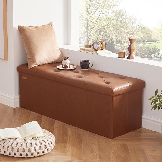 HAUSFRAU Storage Ottoman Bench with Flipping Lid, 43.3 Inches Storage Chest Footsrest, Folding Foot Stool for Entryway, Living Room, Bedroom, Synthetic Leather Retro Brown