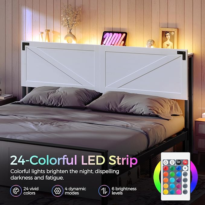 MAHANCRIS King Size Headboard Only, Headboard with 2 Outlets and 2 USB Ports, Farmhouse Headboard, with LED Lights, Secure Storage with Raised Fence, with Bed Frame Adapter, White and Black