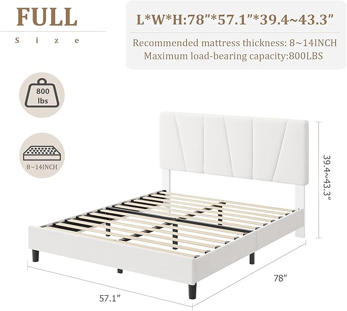 Full Size Upholstered Platform Bed Frame with Adjustable Headboard, Fits 8-14 Inch Mattress, Heavy Duty Bed Frame with Wooden Slats Support, Noise-Free, Non-slip, No Box Spring Needed, Easy Assembly