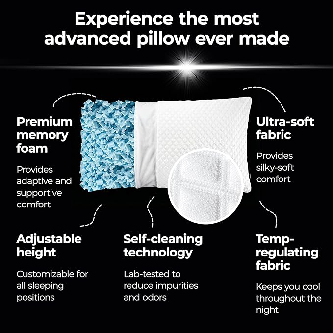 Silvery Silver Infused Bed Pillow - Shredded Memory Foam Fill with Adjustable Loft - Hypoallergenic Self-Cleaning Technology that Stays Fresh 3X Longer - Perfect for Side, Back & Stomach Sleepers