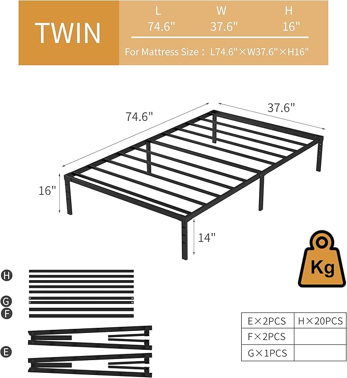 NEW JETO Metal Bed Frame,Twin Size Bed Frame with Storage Space,Heavy Duty Sturdy Mattress Foundation,Easy Assembly,No Box Spring Needed, Black,16 Inch,Twin