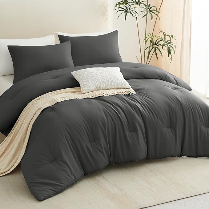CozyLux Oversized Queen Comforter Set Dark Grey, 3 Pieces 98x98 Solid Breathable Bedding Sets All Season, Dark Gray Luxury Soft Lightweight Bed Set with Down Alternative Comforter and 2 Pillowcases