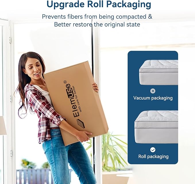 ELEMUSE Queen Cooling Mattress Topper, Extra Thick 1300gsm Mattress Pad for Back Pain Relief, Plush 500TC Cotton Pillow Top with Deep Pocket, Overfilled with Mixed Advansa Down Alternative Filling