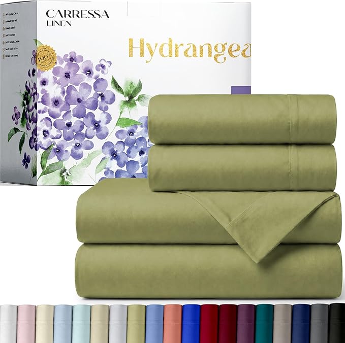 Carressa Linen 100% Egyptian Cotton Queen Sheet Set - 600 Series Hydrangeas Collection Egyptian Cotton Queen Sheets Set (4 PC, Sage Green), 16" Deep Pocket Sateen Weave Luxury Hotel Bed Sheet