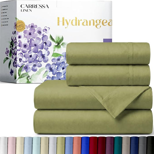 Carressa Linen 100% Egyptian Cotton King Size Sheets Set - 600 Series Hydrangeas Collection Egyptian Cotton Sheets King Size (4 PC, Sage Green), 16" Deep Pocket Sateen Weave Luxury Bed Sheet