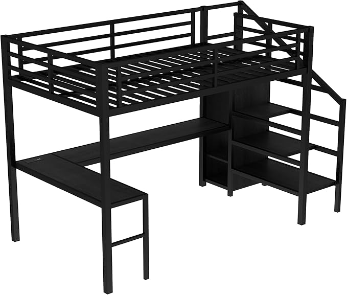 Full Size Loft Bed with L-Shaped Desk and USB, Metal Bed Frame with Wardrobe and Adjustable Shelf, High Loft Bed with LED and Guardrail for Teens Adults Bedroom, No Box Spring Needed, Black