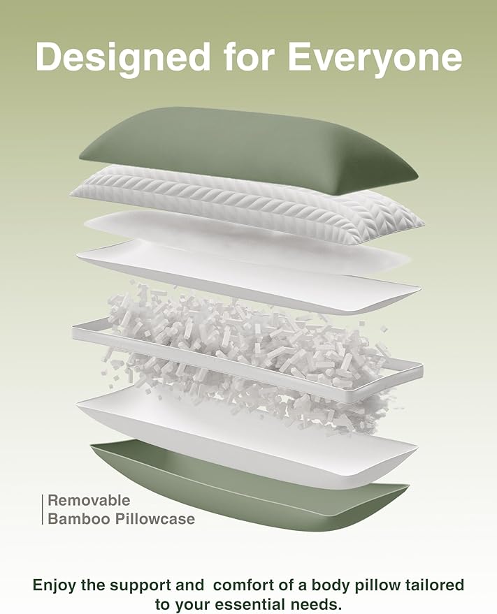 ZonLi Long Body Pillows for Adults, Memory Foam Body Pillow Adjustable, Firm Support for Side Sleepers, Pregnant Women, Washable Quilted Pillowcase, Gifts, 20 x 54 Inch, Sage Green Set