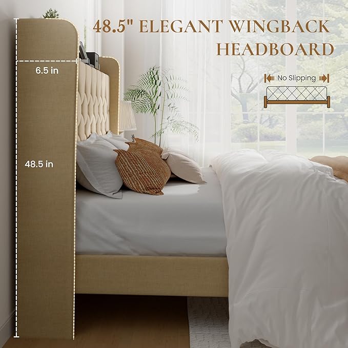 SHA CERLIN Queen Size Platform Bed Frame with Charging Station, Linen Wingback Headboard with Storage Shelf, Wooden Slats Support, Ample Under-Bed Space, No Box Spring Needed, Easy Assembly, Beige