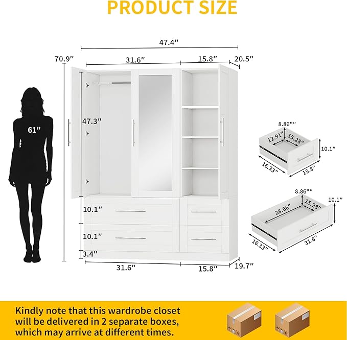 Wardrobe Closet with 4 Deep Drawers, Wooden Wardrobe Closet with Doors and Mirror, White Bedroom Armoires Wardrobe Cabinet Closet with Hanging Rod & Shelves, 71" Tall