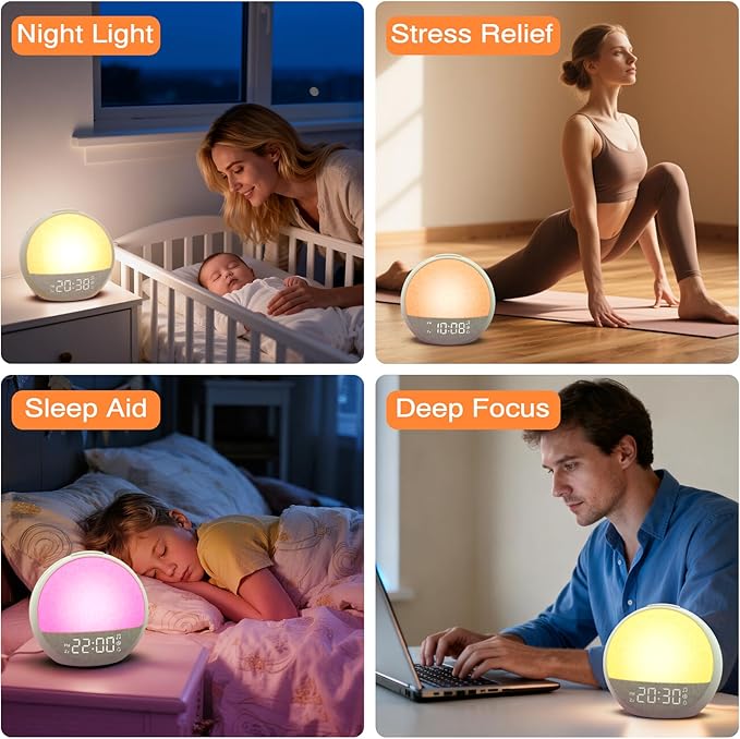 Sunrise Alarm Clock, White Noise Sound Machine with 30 Soothing Sounds, Dimmable Night Light, Natural Sunlight Lamp Gentle Wake Up Light for Bedrooms, Kids, Heavy Sleepers Adults, Baby, Ideal for Gift