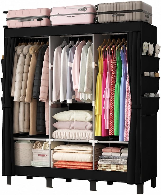 Portable Closet Wardrobe Closet for Hanging Clothes with 3 Hanging Rods for Bedroom, Non-Woven Fabric Clothes Closet for Living Room Easy Assemble (Black, 3 Columns, 51.2 inch Width)