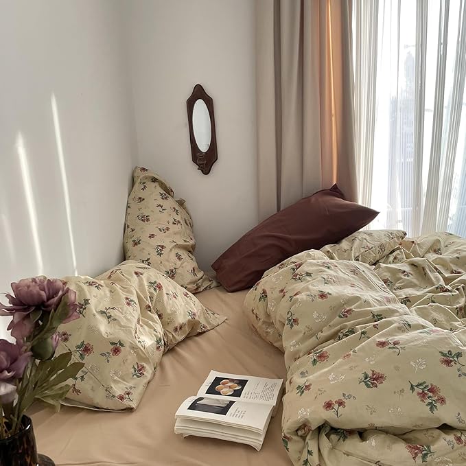 mixinni Vintage Floral Duvet Cover Twin XL Size - 3 Piece 100% Cotton Cottagecore Red Flowers & Green Leaves Bedding, Soft Botanical Comforter Cover & Pillowcases, Aesthetic Spring Bed Set for Girls