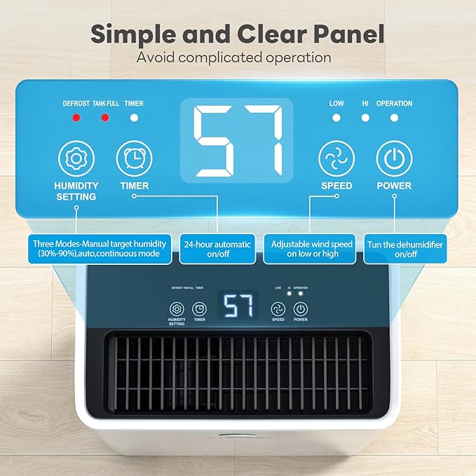 FreAire 2500Sq.Ft Dehumidifier, 34Pint Dehumidifiers for Home, Quiet Dehumidifier for Basement, Bedroom, Bathroom, with 6.56FT Drain Hose, 0.53Gal Water Tank, 3-Color Humidity Light