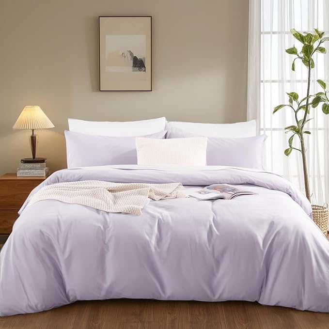 NEXHOME PRO Twin Duvet Cover Set, 100% Washed Cotton with Linen-Like Texture, Natural Organic, Breathable & Comfortable, Includes Home Bedding Set Lilac (No Comforter) 68"x90"