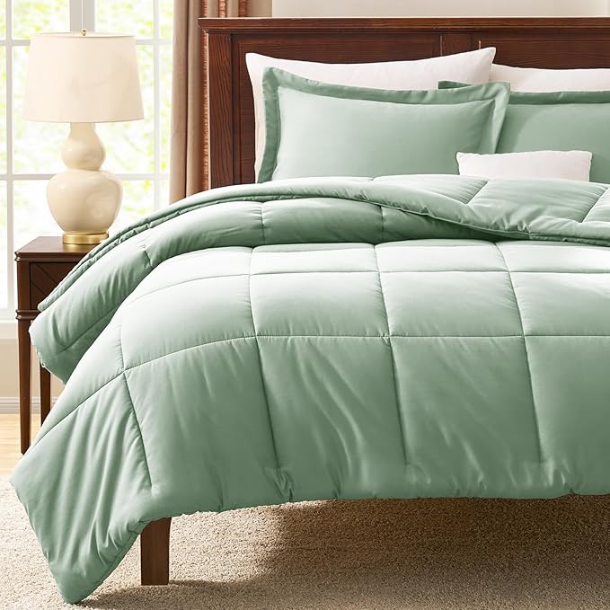 CozyLux King Size Comforter Set - 270GSM Sage Green Bedding Sets for All Seasons Size, 3 Pieces Box Stitched Bed Set with 1 Down Alternative Comforter and 2 Pillow Shams, Soft, Lightweight, Durable