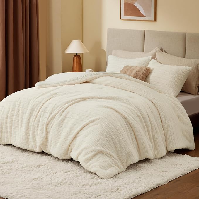 BEDELITE Fleece Twin Comforter Set -Super Soft & Warm Fluffy Cream White Faux Fur Bedding, Luxury Fuzzy Heavy Bed Set for Winter with 1 Pillow case