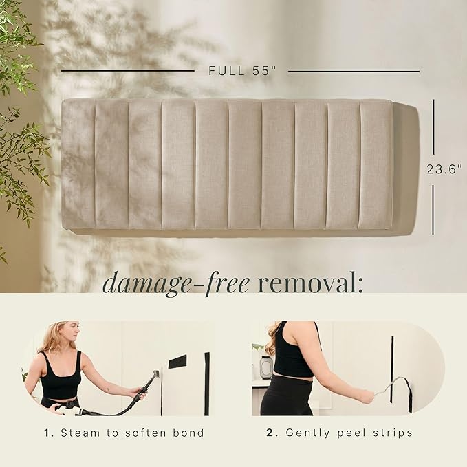 Hearth & Harbor Upholstered Full Headboard - Easy Assemble Channel Stitched Headboard Full Size - Wall Mounted Headboards with 3D Soundproof Wall Panels Peel & Stick Floating Headboards, Beige