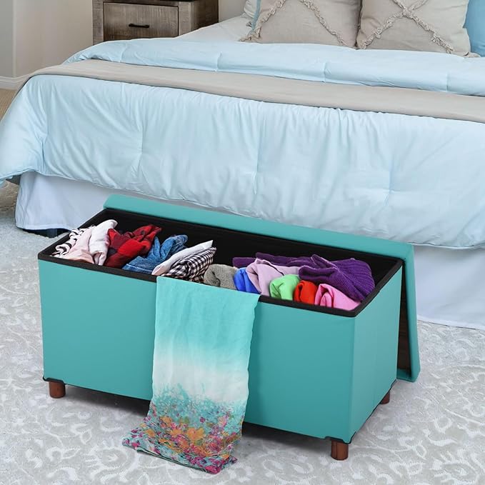 Dorriss Ottoman Storage Bench for Living Room with Tray, Bedroom Foot Stool, Coffee Table Lid, End of Bed Faxu Leather 30" Inch (L-Green)