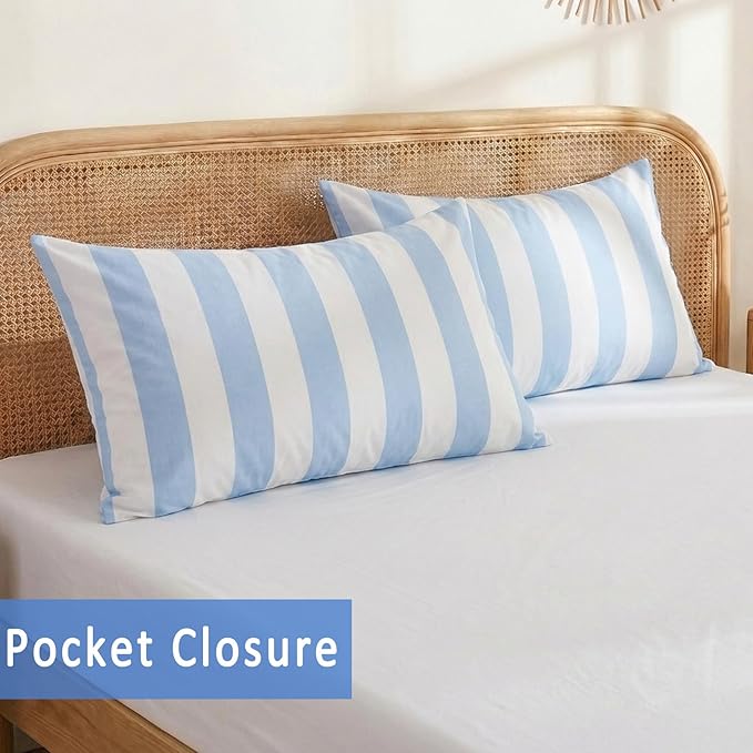 Merryword King Size Pillowcases, 100% Cotton Pillow Cases, Blue and White Striped Pillowcases, Soft Breathable Wide Stripe Pillow Covers, Set of 2