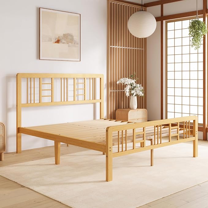 Hunlostten 12 in High Bamboo Wood Full Size Bed Frame with Headboard & Footboard, Platform Bed Frame Full Size with Steel Slats Support, Heavy Duty, No Box Spring Needed, Easy Assembly