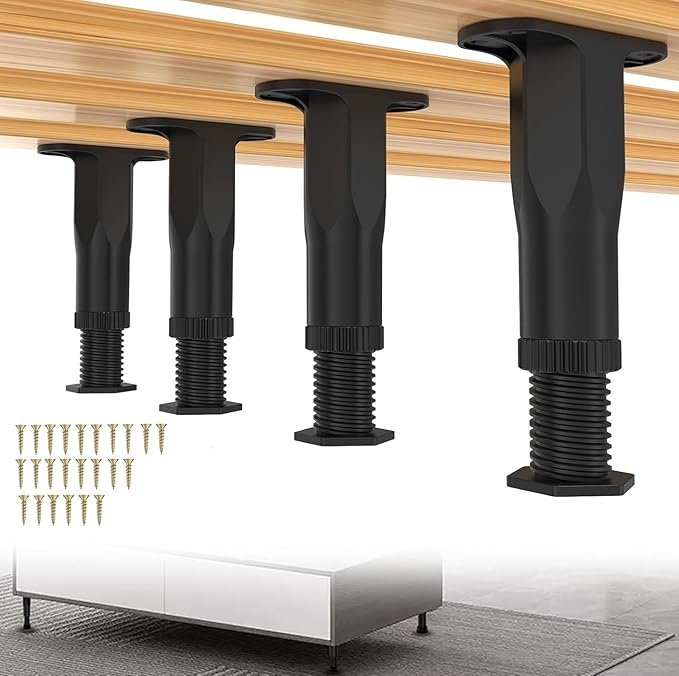 Adjustable Bed Legs 4-Pack - ABS Plastic 6"-11" Furniture Support Legs for Bed Frame/Sofa/Table, Heavy Duty Center Support with Non-Slip Base