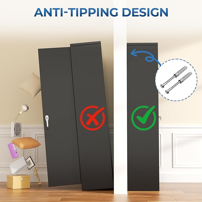 INTERGREAT Metal Armoire Wardrobe Closet with Lock, 72" Clothing Storage Cabinets with Hanging Rod and 4 Adjustable Shelves, Armoire Wardrobe for Office, School, Employee, Government (Black)