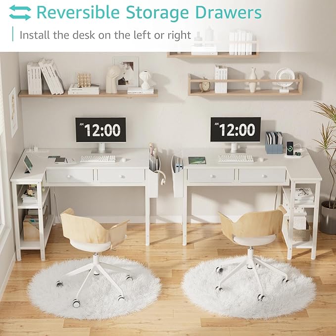 DLisiting Small White L Shaped Desk with Drawers & Storage Shelves, 40 Inch Corner Desk with Power Outlet for Small Space Home Office, Study Work PC Desks for Bedroom