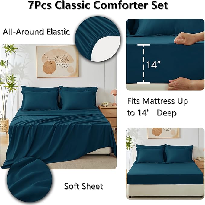 CozyLux Oversized King Comforter Set Lyons Blue - 7 Pieces Bed in a Bag Comforter Set with Sheets, Luxury Soft Bed Set, Bedding Set with Down Alternative Comforter, Sheets, Pillowcases & Shams