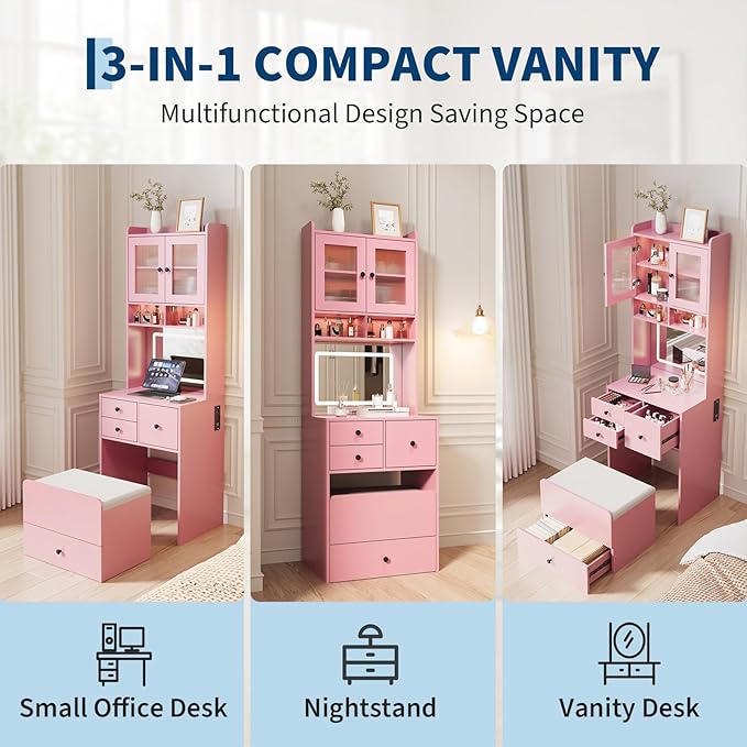 Garvee 3 in 1 Vanity Desk with LED Light, Tall Makeup Vanity Set with 2 AC Outlets & USB-c, Dressing Table with Drawers & Acrylic Doors, Nightstand Vanity Mirror, Jewelry Box, Cushioned Chair, Pink