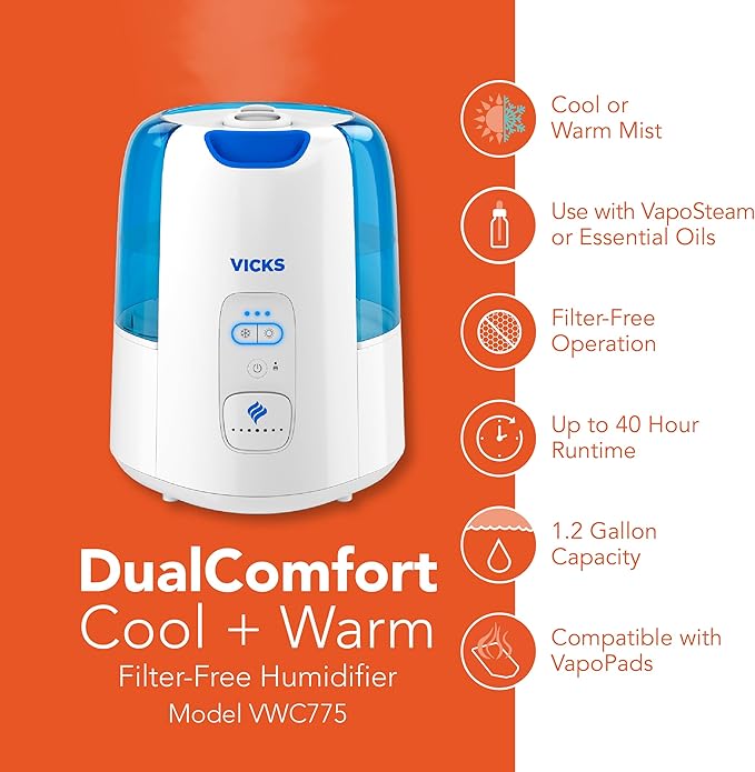 Vicks Dual Comfort Cool + Warm Mist Humidifier for Bedrooms With Fusion Technology, Compatible with Vicks VapoPads and VapoSteam, White