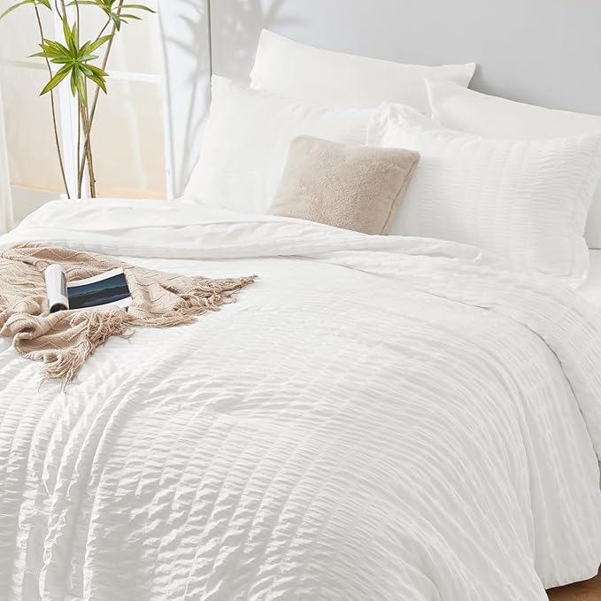 CozyLux Oversized King Comforter Set White Seersucker 7 Pieces 120x98 Bed in a Bag Comforter Set with Sheets, Luxury Soft Bedding Sets with Down Alternative Comforter, Sheets, Pillowcases & Shams