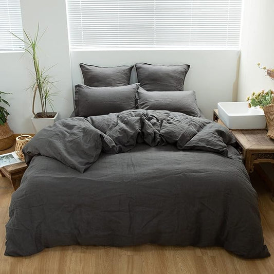 Simple&Opulence 100% Linen Duvet Cover Set 3pcs Basic Style Natural French Washed Flax Solid Color Soft Breathable Farmhouse Bedding with Button Closure - Dark Grey, Full