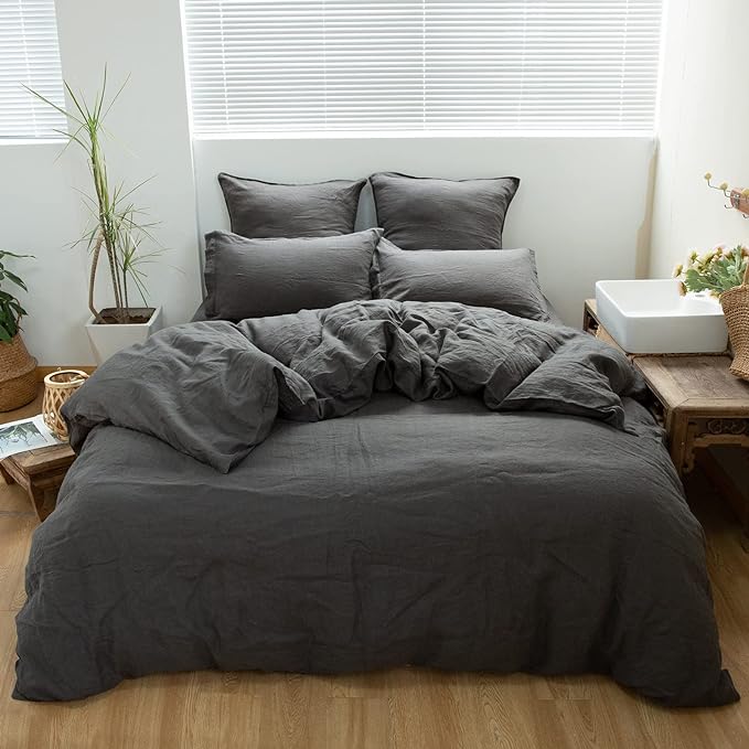 Simple&Opulence 100% Linen Duvet Cover Set 2pcs Basic Style Natural French Washed Flax Solid Color Soft Breathable Farmhouse Bedding with Button Closure - Dark Grey, Twin