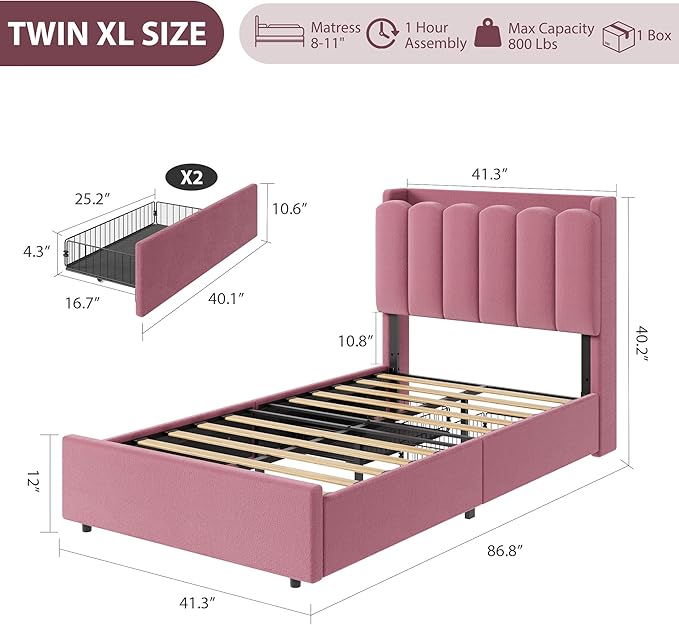 Garvee LED Twin XL Bed Frame with Storage Headboard, Kids Bed Frame with 2 Drawers, Boucle Upholstered Platform Bed for Girls, Chic Wavy Headboard with Bookcase, No Box Spring Needed, Dark Pink