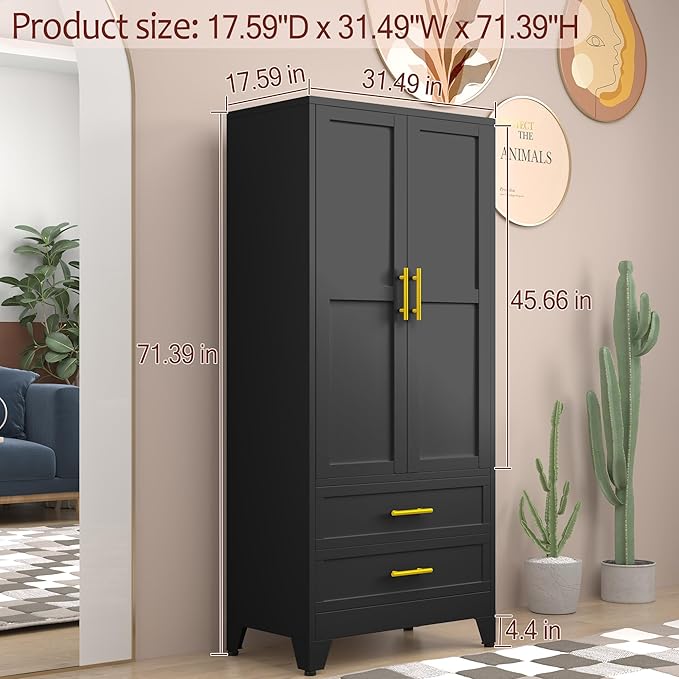winiowa Metal Armoire Wardrobe Closet with 2 Drawers, 71" Wardrobe Cabinet with Adjustable Shelves and Hanging Rod, Clothing Storage Cabinet Closet for Bedroom-Black