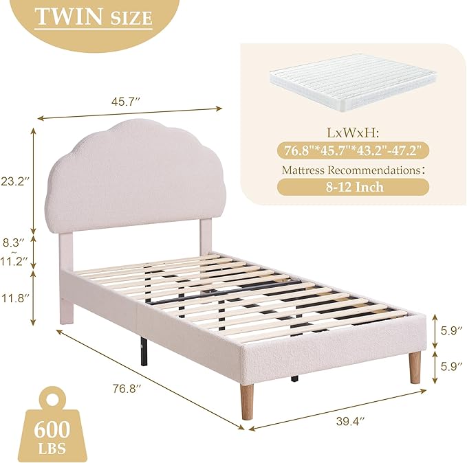 VECELO Twin Size Bed Frame, Upholstered Platform Bedframe with Height Adjustable Plush Fabric Headboard, No Box Spring Needed, Beige