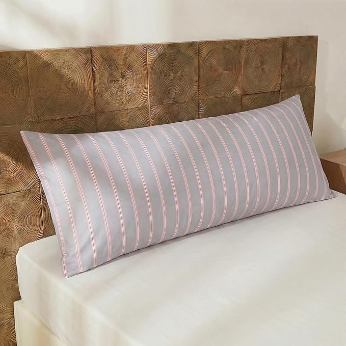 Merryword Body Pillow Cover 20x54inches, 100% Cotton Pillow Case, Gray and Pink Striped Pillowcase, Luxury Linen Like Pillowcase, Soft Breathable Wide Stripes Long Pillowcase, 1-Piece
