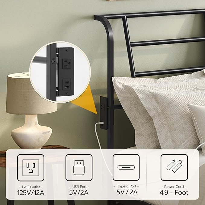 MAHANCRIS King Size Headboard Only, Metal Headboard with 2 Power Strips, Reclining Backrest, with Bed Frame Adapters, Easy Assembly, Rustic Brown and Black