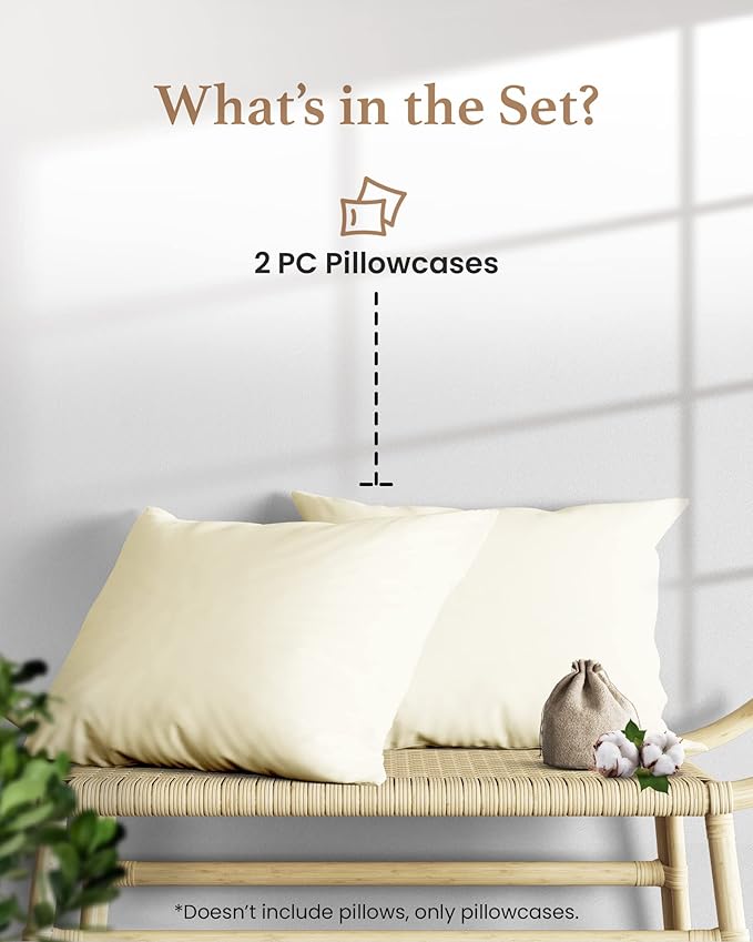 1000 TC Ivory Standard Pillowcases Set of 2 100% Egyptian Cotton Pillow Cases with Long Staple Cotton & Sateen Weave, Silky Soft Hotel - Like Bed Pillow Covers for Comfy Sleeping, Snug Fit