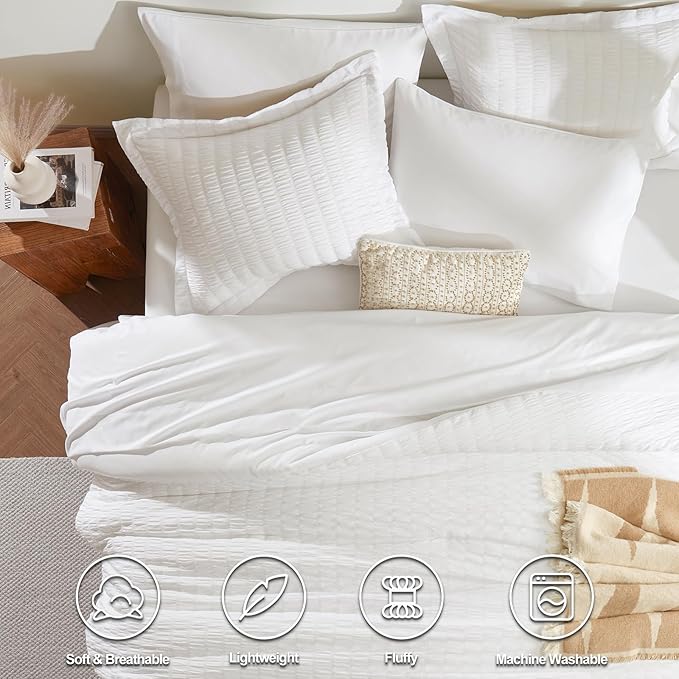 CozyLux Twin Comforter Set with Sheets 5 Pieces, White Seersucker Textured Bed in a Bag for Girls, Luxury Soft Bedding Sets with Down Alternative Comforter, Sheets, Pillowcase & Sham for All Seasons
