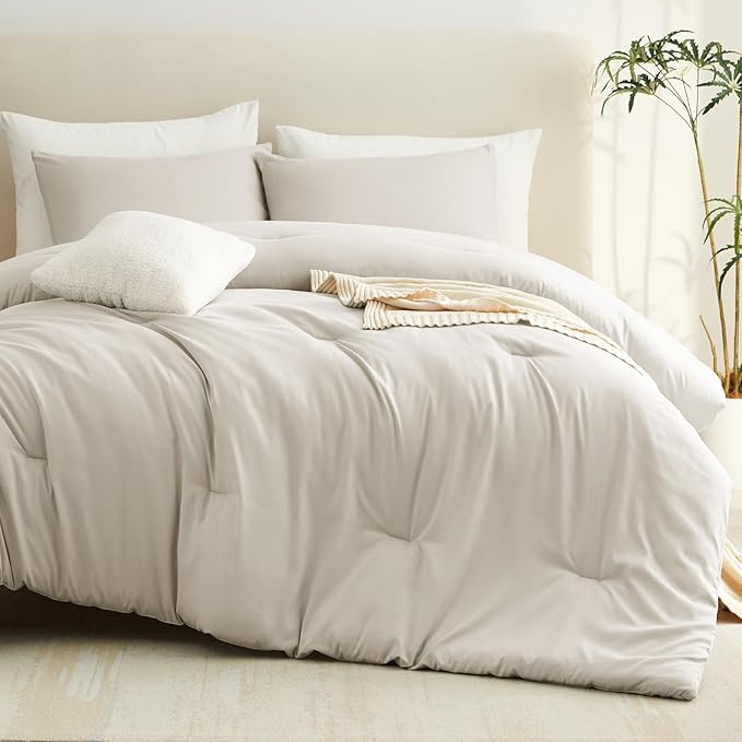 CozyLux Oversized Queen Comforter Set Beige, 3 Pieces 98x98 Solid Breathable Quilted Bedding Sets for All Season, Luxury Soft Lightweight Bed Set with Down Alternative Comforter and 2 Pillowcases