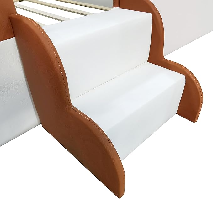 Merax King Size Kids Floor Bed, Daybed Frame with Fence and Stairs, Upholstered Wood Bed for Living Room, White+Brown